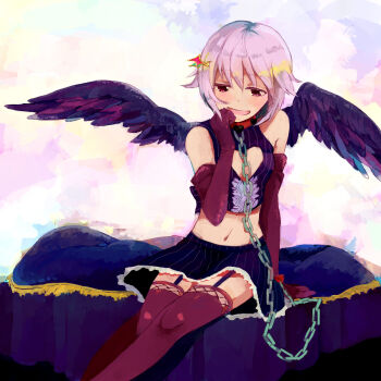 10s 1girl :d bare_shoulders bed black_thighhighs black_wings blush brown_eyes chain cleavage_cutout clothing_cutout collar cuffs elbow_gloves female_focus garter_straps giga gloves grey_hair haikaigiga hair_ornament hairclip hand_to_own_mouth heart heart_cutout highres idolmaster idolmaster_cinderella_girls koshimizu_sachiko looking_at_viewer midriff navel open_mouth pinstripe_pattern purple_eyes purple_hair short_hair sitting skirt smile solo striped thighhighs wings