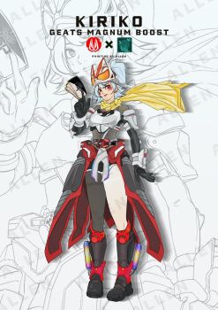 Rule 34 | 1girl, animal ears, armor, black bodysuit, bodysuit, boost buckle, breasts, brown eyes, commentary, compound eyes, cosplay, desire driver, english commentary, exhaust, exhaust pipe, facial mark, fox ears, fox mask, gloves, gradient fur, green hair, half mask, highres, holding, kamen rider, kamen rider geats, kamen rider geats (cosplay), kamen rider geats (magnumboost form), kamen rider geats (series), kiriko (overwatch), kitsune, looking at viewer, magnum boost, magnum buckle, mask, monallenster, overwatch, ponytail, raise buckle, rider belt, scarf, short hair, solo, tokusatsu, white armor