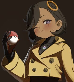 1girl black_bodysuit black_hair blush bodysuit bodysuit_under_clothes breasts brown_jacket closed_mouth dark-skinned_female dark_skin emma_(pokemon) gloves hair_ornament holding holding_poke_ball jacket looking_at_viewer mega_stone nintendo poke_ball poke_ball_(basic) pokemon pokemon_legends:_z-a purple_eyes short_hair simple_background skeptycally smile solo upper_body