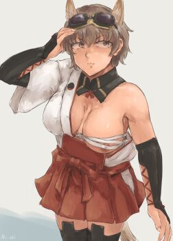 1girl animal_ears arm_guards armpits arms_at_sides breasts brown_eyes brown_hair budget_sarashi cleavage collarbone commentary_request cowboy_shot detached_collar eyewear_on_head goggles goggles_on_head hair_between_eyes hakama hakama_short_skirt hakama_skirt hand_on_own_head highres japanese_clothes katou_keiko large_breasts looking_at_viewer nipples omuretsu_daihyakka one_breast_out pleated_skirt red_hakama sarashi short_hair simple_background skirt solo strike_witches strike_witches:_aurora_no_majo strike_witches:_suomus_misfits_squadron tail thighhighs thighs world_witches_series