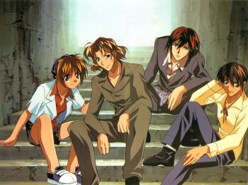 4boys absurdres brown_eyes brown_hair collarbone collared_shirt fujimiya_ran hidaka_ken highres jacket kudou_youji long_sleeves looking_at_viewer magazine_scan male_focus multiple_boys non-web_source official_art open_clothes pants red_hair scan shirt shoes sitting sitting_on_stairs smile spread_legs stairs stone_stairs tsukiyono_omi weiss_kreuz white_shirt