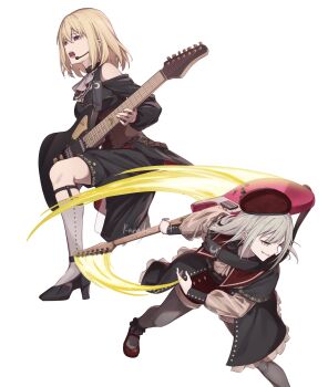 Rule 34 | 2girls, 7-string guitar, bang dream!, bang dream! it's mygo!!!!!, beret, black dress, black pantyhose, blonde hair, breasts, brown corset, commentary request, corset, doloris (bang dream!), dress, extended range guitar, flower stand art, garter straps, green hair, guitar, guitar strap, hachibousei dance (bang dream!), hat, highres, instrument, kanade (kanade 3344), kneehighs, long hair, long sleeves, medium breasts, medium hair, microphone, misumi uika, mortis (bang dream!), mortis (costume) (bang dream!), multiple girls, open mouth, pantyhose, pantyhose under shorts, purple eyes, red hat, red shorts, shorts, simple background, socks, teeth, upper teeth only, wakaba mutsumi, white background, white socks, yellow eyes