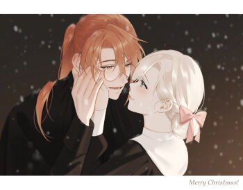 1boy 1girl blue_eyes bow brown_eyes brown_hair cross cross_necklace degrees_of_lewdity english_text glasses hair_bow highres ivy_(sinner_o0) jewelry long_hair looking_at_another merry_christmas necklace pink_bow player_character_(degrees_of_lewdity) player_character_(female)_(degrees_of_lewdity) sinner_o0 sydney_(degrees_of_lewdity) sydney_(male)_(degrees_of_lewdity) white_hair