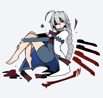 1girl ahoge bare_legs barefoot blazblue bodysuit braid braided_ponytail collar commentary eyepatch grey_hair highres light_blush long_hair looking_at_viewer mutuki78 nu-13 red_eyes single_braid solo star_(symbol) very_long_hair white_background