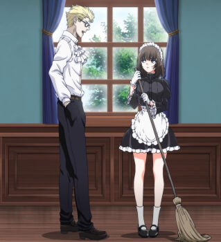 1boy 1girl anime_screenshot apron ascot belt black_pants black_shirt black_shoes black_skirt blonde_hair blue_eyes breasts broom brown_belt brown_hair brown_shoes closed_mouth collared_shirt frilled_ascot frilled_neckerchief frilled_shirt_collar frills from_side full_body glasses gloves hands_in_pockets highres holding holding_broom imminent_fellatio imminent_kiss imminent_penetration imminent_rape imminent_vaginal indoors juliet_sleeves large_breasts layered_skirt legs long_sleeves looking_at_another maid maid_apron maid_headdress maid_kyouiku_botsuraku_kizoku_rurikawa_tsubaki medium_hair medium_skirt neckerchief open_mouth pants puffy_long_sleeves puffy_sleeves rurikawa_tsubaki shadow shirt shirt_tucked_in shoes short_hair skirt socks teeth thighs upper_teeth_only white_apron white_ascot white_gloves white_hair white_headdress white_neckerchief white_socks window