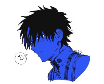 1boy artist_name black_hair blue_theme bono_242 chaldea_logo cropped_shoulders fate/grand_order fate_(series) fujimaru_ritsuka_(male) fujimaru_ritsuka_(male)_(decisive_battle_chaldea_uniform) high_collar highres light_blush looking_down monochrome parted_lips short_hair sketch solo speech_bubble