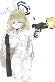 1girl asuna_(blue_archive) asuna_(bunny)_(blue_archive) blonde_hair blue_archive blue_eyes bow gun half-closed_eyes halo handgun highres holding holding_gun holding_weapon non-web_source playboy_bunny samsick simple_background solo standing standing_on_one_leg v-shaped_eyebrows weapon white_background white_bow