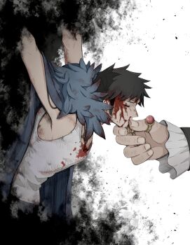 2boys arm_tattoo arms_up black_hair bleeding blood blood_on_clothes blood_on_face cape chest_tattoo closed_eyes coat commentary_request darkness denim devil_fruit_power earrings facial_hair frills fur_cape goatee grabbing_another&#039;s_chin hand_on_another&#039;s_chin highres jeans jewelry k84612 long_sleeves male_focus marshall_d._teach multiple_boys one_piece pants ring short_hair stroking_another&#039;s_chin tank_top tattoo teeth trafalgar_law white_tank_top yaoi