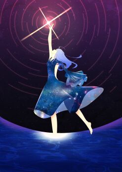 1girl bad_id bad_pixiv_id barefoot blue_hair commentary_request dress female_focus full_body hand_up highres leg_up light_smile long_hair looking_up night original outstretched_hand profile sky smile solo solo_focus star_(sky) star_trail starry_sky starry_sky_print