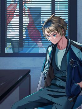 1boy 1girl awa_reley background_request belt belt_pouch bleached_hair blonde_hair blue_hair bruise chair commentary_request cowboy_shot delinquent desk deuce_spade dylla_spade employee_uniform flower folding_chair furrowed_brow hands_in_pockets head_down highres injury jacket jumpsuit light_frown looking_down male_focus mother_and_son multicolored_hair open_clothes open_jacket parted_bangs partially_unzipped patch pouch roots_(hair) rose scratches shirt short_hair sitting slouching solo_focus spade_(shape) streaked_hair sukajan twisted_wonderland utility_belt v-shaped_eyebrows walking white_shirt window_blinds work_gloves