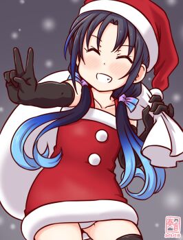 1girl alternate_costume artist_logo black_hair black_thighhighs blue_hair capelet closed_eyes commentary_request dated dress elbow_gloves fur-trimmed_dress fur_trim gloves hair_ribbon hat holding holding_sack kanon_(kurogane_knights) kantai_collection logo long_hair looking_at_viewer low_twintails one-hour_drawing_challenge open_mouth outdoors panties red_capelet red_dress ribbon sack santa_costume santa_dress santa_hat smile snowing solo suzukaze_(kancolle) thighhighs twintails underwear v white_panties