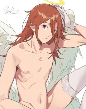 1boy aburi_iwashi angel_devil_(chainsaw_man) chainsaw_man closed_mouth commentary_request crossdressing crossdressing_(mtf) gloves hair_between_eyes hand_on_own_head long_hair looking_at_viewer male_focus navel nipples nude red_eyes signature simple_background solo thighhighs thighs twitter_username white_background white_gloves white_thighhighs