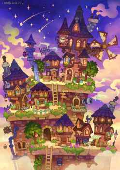 bench birdhouse bucket building bush chimney commentary_request highres kemi_neko ladder lamppost night no_humans original plant potted_plant scenery shooting_star sky smoke star_(sky) starry_sky telescope tower tree windmill window