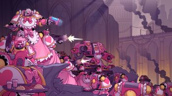 adeptus_astartes apron architecture armor armored_dress battle bolter bow cathedral chumiicham church city cityscape concrete cup dreadnought_(warhammer_40k) dress firing food gothic_architecture gun heart heart_print highres holding holding_gun holding_weapon maid maid_apron maid_headdress paw_print paw_print_pattern pink_armor pink_bow pink_dress plasma_pistol power_armor rebar red_eyes robot rubble smoke space_maids_(chumiicham) tray urban warhammer_40k weapon