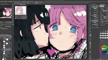 Rule 34 | 2girls, a vabo., anyoji hime, art program in frame, averting eyes, black hair, blue eyes, blush, close-up, dated, green eyes, highres, link! like! love live!, looking at another, love live!, momose ginko, multiple girls, nervous sweating, pink hair, sidelocks, sweat, virtual youtuber, yuri