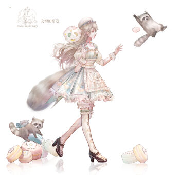 absurdres animal_ears apron bare_shoulders beret blonde_hair bloomers blue_dress brown_eyes brown_shoes character_request chinese_commentary closed_mouth clothing_cutout commentary_request cotton_candy dress food food_print frilled_apron frilled_footwear frilled_sleeves frilled_wrist_cuffs frills hat high_heels highres jiaopiupiu lipstick lolita_fashion long_hair looking_at_another macaron makeup nikki_(series) outstretched_hand over-kneehighs oversized_food oversized_object pleated_dress pocket puffy_short_sleeves puffy_sleeves pumps raccoon_ears raccoon_girl raccoon_print raccoon_tail red_lips reflective_floor shining_nikki shoes short_dress short_sleeves shoulder_cutout simple_background smile socks square_neckline tail thighhighs underwear very_long_hair walking watermark white_apron white_background white_bloomers white_hat white_sleeves white_socks white_wrist_cuffs wrist_cuffs