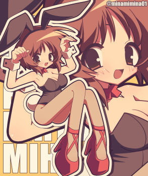 1girl :d animal_ears bow bowtie breasts brown_eyes brown_hair character_cutout character_name detached_collar girls_und_panzer highres minami_mina nishizumi_miho open_mouth pantyhose platform_heels playboy_bunny rabbit_ears rabbit_pose red_bow red_bowtie red_shoes shadow shoes short_hair smile twitter_username wrist_cuffs yellow_background zoom_layer