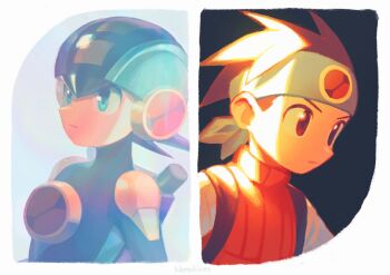 2boys absurdres black_background blue_bodysuit blue_headband blue_helmet bodysuit border brothers brown_eyes brown_hair green_eyes grey_background headband helmet highres klenschheim lan_hikari_(mega_man) male_focus mega_man_(series) mega_man_battle_network_(series) megaman.exe multiple_boys netnavi orange_vest shirt siblings simple_background twins upper_body vest white_border white_shirt