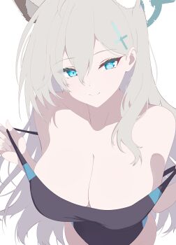 1girl absurdres ahoge animal_ear_fluff animal_ears black_halo black_one-piece_swimsuit blue_archive blue_eyes blush breasts broken_halo cleavage competition_swimsuit cosplay cross cross_hair_ornament extra_ears grey_hair hair_ornament halo highres inverted_cross large_breasts long_hair looking_at_viewer mismatched_pupils multicolored_swimsuit natsuki_(natsu_1936) official_alternate_costume one-piece_swimsuit self_cosplay shiroko_(blue_archive) shiroko_(blue_archive)_(cosplay) shiroko_(swimsuit)_(blue_archive) shiroko_terror_(blue_archive) solo swimsuit two-tone_swimsuit wolf_ears wolf_girl