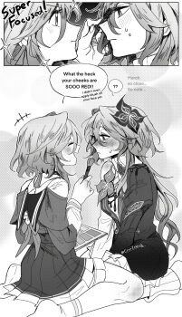 2girls absurdres blush cesar_zebrah closed_eyes commentary dual_persona english_commentary english_text evernight_(honkai:_star_rail) flower greyscale hair_between_eyes hair_flower hair_ornament highres holding holding_brush holding_makeup_brush holding_makeup_palette honkai:_star_rail honkai_(series) jacket kneeling long_hair looking_at_another makeup_brush march_7th_(honkai:_star_rail) monochrome multiple_girls single_bare_shoulder skirt small_sweatdrop socks sparkle speech_bubble yuri