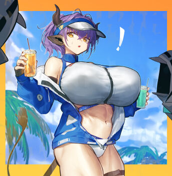 Rule 34 | 1girl, animal ears, arknights, bikini, blue jacket, blue sky, blush, breasts, cow ears, cow girl, cow horns, cowboy shot, crop top, cup, doctor (arknights), groin, high ponytail, highres, horns, huge breasts, jacket, looking at viewer, melon22, navel, official alternate costume, open clothes, open jacket, open mouth, palm tree, ponytail, purple hair, short hair, sideroca (arknights), sideroca (light breeze) (arknights), sky, solo focus, swimsuit, tree, visor cap, white bikini, yellow eyes