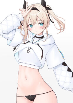 1girl arm_up black_panties blonde_hair blue_eyes closed_mouth commentary_request cowboy_shot crop_top hair_ribbon highres hololive hood hood_down hoodie kazama_iroha kazama_iroha_(pop_dance) long_hair long_sleeves looking_to_the_side mixed-language_commentary navel no_pants nyan_(reinyan_007) panties ribbon shirt simple_background skindentation solo stomach string_panties twintails underwear v white_background white_hoodie white_shirt