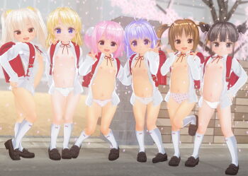 3d 6+girls arms_behind_head backpack bag black_hair blonde_hair blush bow bow_panties brown_eyes brown_hair closed_mouth double_bun female_focus flat_chest food_print fruit_print full_body hair_bow hair_bun hand_on_own_hip kuroi_serika_(st205yat) loli long_hair long_sleeves multiple_girls navel nipples open_clothes open_shirt original panties pink_eyes pink_hair polka_dot polka_dot_panties ponytail print_panties randoseru shirt smile standing standing_on_one_leg star_(symbol) star_panties star_print strawberry_panties strawberry_print tree twintails underwear v white_panties white_shirt white_sleeves