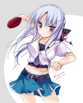 Rule 34 | 1girl, 2018, asahina yori, belt, black belt, black bow, blue hair, blue skirt, blush, bow, braid, breasts, clenched hand, commentary, cowboy shot, crop top, crown braid, dated, floating hair, frilled skirt, frills, grey background, hair bow, hair ribbon, holding table tennis paddle, large breasts, long hair, looking at viewer, midriff, miniskirt, motion blur, navel, one-hour drawing challenge, paddle, parted lips, playing sports, red eyes, red ribbon, ribbon, shirt, short sleeves, sidelocks, simple background, sketch, skirt, solo, sorakado ao, summer pockets, table tennis paddle, twitter username, two-tone background, v-shaped eyebrows, white background, white shirt