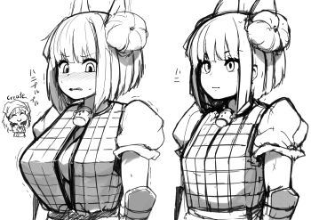 2girls blush breast_expansion breasts cleavage closed_mouth commentary_request double_bun expressionless female_pervert greyscale hair_bun haniwa_(statue) haniyasushin_keiki highres joutouguu_mayumi large_breasts looking_down monochrome multiple_girls nose_blush open_mouth pervert peso_(cheese_company) shirt short_hair short_sleeves simple_background solo_focus touhou vest