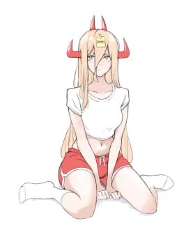 1girl absurdres blonde_hair chainsaw_man closed_mouth commentary crop_top dolphin_shorts english_commentary hair_between_eyes highres horns long_hair long_hair_between_eyes multiple_horns navel neas57 power_(chainsaw_man) red_horns red_shorts shirt shorts simple_background sitting socks solo wariza white_background white_shirt white_socks yellow_eyes