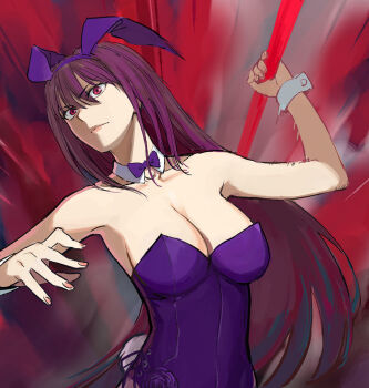 Rule 34 | 1girl, animal ear hairband, animal ears, b suke, bare shoulders, bow, bowtie, breasts, cleavage, commentary request, detached collar, fake animal ears, fate/grand order, fate (series), frown, hairband, highres, holding, holding polearm, holding weapon, large breasts, leotard, motion lines, playboy bunny, polearm, purple bow, purple bowtie, purple hair, purple leotard, rabbit ears, rabbit tail, red eyes, scathach (fate), scathach (piercing bunny) (fate), serious, solo, speed lines, strapless, strapless leotard, tail, upper body, weapon, wrist cuffs