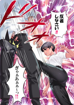 1boy 1girl absurdres arion_canvas black_pants breasts clenched_teeth crotch_kick highres leg_up medium_breasts original pants shirt short_hair short_sleeves teeth tomboy white_shirt