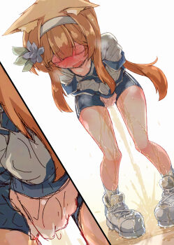 1girl animal_ear_fluff animal_ears blue_archive blue_shorts blush embarrassed flower hair_flower hair_ornament hairband highres jacket long_hair long_sleeves mari_(blue_archive) mari_(track)_(blue_archive) narumiya_(narumiya) nose_blush open_mouth orange_hair pee peeing peeing_self shoes shorts simple_background standing wet wet_clothes white_background