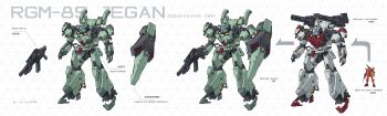 absurdres alternate_universe beam_cannon beam_rifle blue_visor char&#039;s_counterattack character_name colored_lineart commentary_request comparison earth_federation energy_gun gundam gundam_gquuuuuux highres jegan jegan_heavy_equipment_type light_type_guncannon machinery mecha mecha_focus missile missile_pod mobile_suit no_humans original radio_antenna redesign reference_sheet robot science_fiction sherman_(egnk2525) shield weapon yamashita_ikuto_(style)