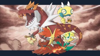 Rule 34 | black eyes, black sclera, bright pupils, closed eyes, colored sclera, commentary, dedenne, delphox, dunsparce, english commentary, exequens, fire, florges, florges (yellow flower), gen 2 pokemon, gen 4 pokemon, gen 6 pokemon, holding, holding stick, nintendo, no humans, open mouth, orange eyes, pokemon, pokemon (creature), pokemon focus, pokemon team, sharp teeth, smile, stick, teeth, tyrantrum, v-shaped eyes, white eyes, white pupils, wormadam, wormadam (sandy)