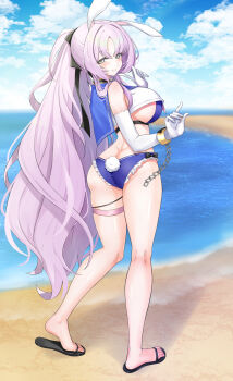 1girl animal_ears ass asya beach black_choker black_sandals blue_one-piece_swimsuit blue_sailor_collar blush bow_swimsuit breasts butt_crack chain choker closed_mouth cloud commentary cuffs day elbow_gloves feet frilled_one-piece_swimsuit frills from_behind full_body gloves grey_eyes hair_between_eyes hand_up highres large_breasts legs long_hair looking_at_viewer looking_back median_furrow ocean one-piece_swimsuit outdoors parted_bangs ponytail purple_hair rabbit_ears rabbit_tail sailor_collar sailor_one-piece_swimsuit sandals shackles shia_(stella_sora) sideboob sidelocks single_ear_down standing stella_sora sunlight swimsuit tail thigh_strap thighs toes turning_head very_long_hair white_gloves white_trim