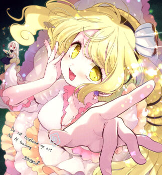 2girls :3 :d biyon black_dress black_hairband blonde_hair blush breasts cleavage commentary_request cooking dark_background dress earrings fried_egg frilled_dress frills from_above frying_pan hair_ornament hairband hand_on_own_face highres holding holding_frying_pan holding_spatula jewelry long_hair looking_at_viewer medium_breasts multiple_girls open_mouth outstretched_hand red_eyes revision shell shell_earrings shell_hair_ornament sleeveless sleeveless_dress smile spatula squeans touhou twitter_username watari_nina watermark wavy_hair white_dress white_hair yellow_eyes yuiman_asama