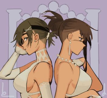 Rule 34 | 2girls, bead band, black hair, breasts, brown hair, chainsaw man, detached sleeves, dress, earrings, eyepatch, hair bun, hairband, highres, himeno (chainsaw man), jewelry, liowig, looking at viewer, looking to the side, medium breasts, medium hair, multiple girls, necklace, parted lips, pearl necklace, ponytail, scar, scar on face, scar on nose, short hair, short ponytail, sideboob, sideways glance, single hair bun, single sidelock, stud earrings, tassel, tassel earrings, tendou michiko, wedding dress, white dress, white sleeves