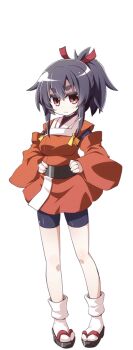 &gt;:| 1girl :| akaneya bike_shorts breasts closed_mouth female_focus full_body hand_on_own_hip japanese_clothes kozukata_(oshiro_project) looking_at_viewer official_art oshiro_project:re ponytail red_eyes solo thick_eyebrows transparent_background v-shaped_eyebrows