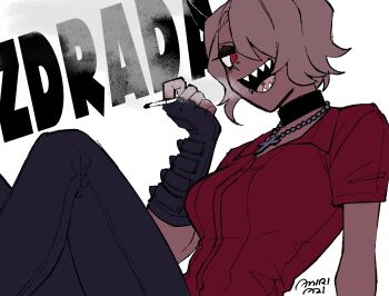 1girl amiri_ari black_boots black_choker boots breasts choker collared_shirt cross demon_girl demon_horns helltaker highres horns large_breasts red_eyes red_shirt sharp_teeth shirt smoking solo teeth zdrada_(helltaker)