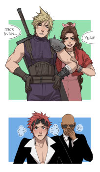 Rule 34 | 1girl, 3boys, adjusting eyewear, aerith gainsborough, armor, bald, belt, black jacket, black necktie, blonde hair, blue background, blue pants, blue shirt, border, brown belt, brown gloves, brown hair, buster sword, choker, cloud strife, collared shirt, dress, english text, facial mark, final fantasy, final fantasy vii, frown, furrowed brow, gloves, goggles, goggles on head, green background, hair ribbon, hand on another's arm, hands on own hips, highres, jacket, kaciart, laughing, long hair, multiple belts, multiple boys, necktie, pants, parted bangs, parted lips, pauldrons, pink dress, pink ribbon, ponytail, red hair, red jacket, reno (ff7), ribbed shirt, ribbon, ribbon choker, rude (ff7), shirt, short sleeves, shoulder armor, sidelocks, silver bangle, single bare shoulder, single pauldron, sleeveless, sleeveless turtleneck, speech bubble, spiked hair, suit jacket, sunglasses, sword, sword on back, tongue, tongue out, turtleneck, upper body, weapon, weapon on back, white border, white shirt