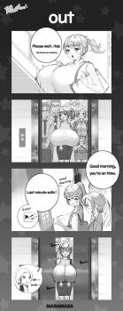 2boys 2girls 4koma absurdres bag blush bouncing_breasts breasts comic dot_nose elevator elevator_door embarrassed english_text engrish_text gigantic_breasts glasses highres holding holding_bag inconvenient_breasts long_hair masamasa monochrome multiple_boys multiple_girls necktie open_mouth ponytail ranguage shirt solo_focus speech_bubble standing sweat taut_clothes taut_shirt