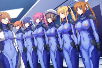 6+girls bandana blonde_hair blue_bodysuit blue_eyes blue_hair blush bodysuit braid breasts brown_hair cameltoe closed_mouth covered_navel daiaru earrings empty_eyes fate_testarossa glasses green_eyes hair_ornament hair_ribbon hat jewelry large_breasts long_hair looking_at_another lyrical_nanoha mahou_shoujo_lyrical_nanoha_strikers mind_control multiple_girls nipple_cutout nipples no_bra no_panties numbers&#039;_uniform numbers_(nanoha) open_mouth ponytail purple_hair quattro_(nanoha) red_eyes ribbon short_hair signum skin_tight smile standing subaru_nakajima takamachi_nanoha teana_lanster twintails white_headwear x_hair_ornament yagami_hayate