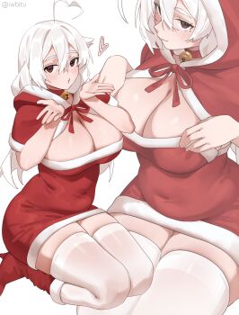 1girl ahoge artist_name bare_arms bell bikini blowing_kiss boots breasts brown_eyes capelet choker cleavage commentary covered_navel dress front-tie_bikini_top front-tie_top fur-trimmed_capelet fur-trimmed_hood fur_trim hair_between_eyes hands_on_own_chest heart heart_ahoge highres hood hood_down hood_up hooded_capelet huge_breasts iwbitu jingle_bell light_blush long_hair looking_at_viewer multiple_views navel neck_bell neck_ribbon nyopu o3o original plump red_boots red_capelet red_choker red_ribbon ribbon santa_costume santa_dress simple_background sitting smile swimsuit thighhighs twitter_username wariza white_background white_hair white_thighhighs zettai_ryouiki