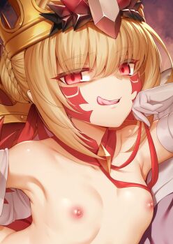 1girl blonde_hair braid breasts collarbone crown facial_mark fate/grand_order fate/grand_order_arcade fate_(series) french_braid gold_crown hair_bun hair_intakes highres licking_lips loli long_hair looking_at_viewer m-da_s-tarou nero_claudius_(fate) nipples queen_draco_(fate) queen_draco_(second_ascension)_(fate) red_eyes single_hair_bun small_breasts smile solo tongue tongue_out