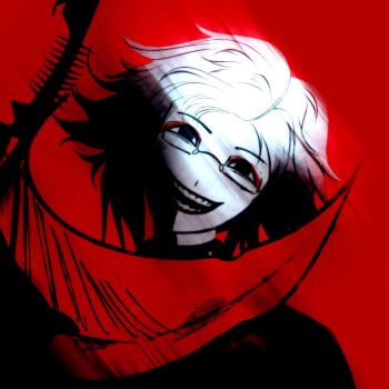 Rule 34 | 1boy, absurdres, aotsuki eito, black eyes, creepy, glasses, highres, looking at viewer, male focus, open mouth, parted hair, red eyes, scythe, solo, solo focus, the hundred line -last defense academy-, upper body, white hair