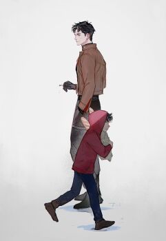 batman_(series) black_bodysuit black_gloves blue_eyes bodysuit brown_jacket dc_comics dual_persona gloves grey_bodysuit hair_between_eyes jacket jason_todd long_sleeves male_focus multicolored_bodysuit multicolored_hair multiple_boys muscular muscular_male open_clothes pants red_hood_(dc) red_hood_and_the_outlaws short_hair simple_background superhero_costume taut_bodysuit two-tone_bodysuit two-tone_hair white_background wonkrin