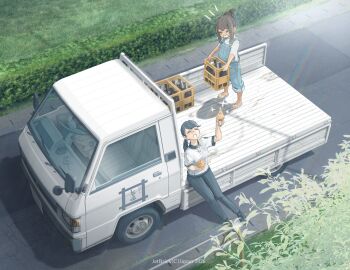 1girl 2girls black_pants blue_overalls bottle bush food highres holding holding_food holding_ice_cream holding_ice_cream_cone ice_cream ice_cream_cone jettoburikku kei_truck leaning_back mitsubishi mitsubishi_delica motor_vehicle multiple_girls notice_lines on_truck original outdoors overalls pants pickup_truck right-hand_drive road shadow shirt short_sleeves solo standing truck white_shirt