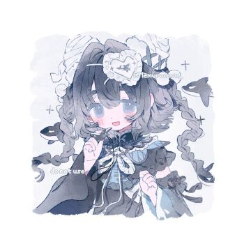 1girl black_dress black_hair blue_eyes bow braid detached_sleeves dress frills hair_between_eyes hair_ornament hair_ribbon long_hair long_sleeves memuro original ribbon simple_background smile solo sparkle twin_braids