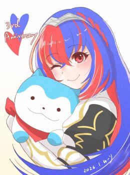 1girl ;) bandana bandana_around_neck blue_eyes blue_fur blue_hair commentary_request crossed_bangs cuddling female_alear_(fire_emblem) fire_emblem fire_emblem_engage hair_between_eyes heterochromia highres hug long_hair looking_at_viewer multicolored_hair nintendo one_eye_closed red_bandana red_eyes red_hair smile sommie_(fire_emblem) split-color_hair tiara two-tone_hair white_fur yuurifeh